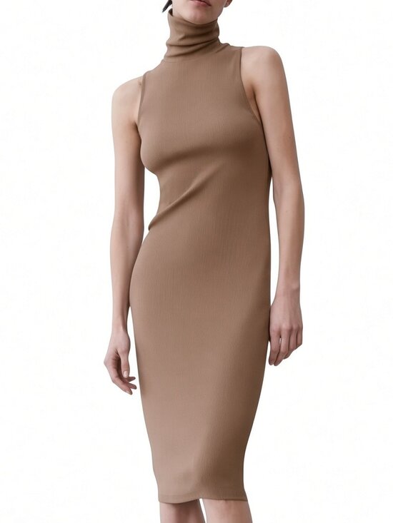 Zara Dresses & Skirts - Zara Mock Neck Ribbed Midi Dress Tan Small